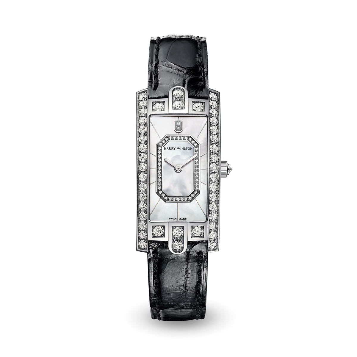 Harry Winston watch with a rectangular diamond-set silver tone case, pearlescent white dial, diamond-bordered time display and black leather strap.