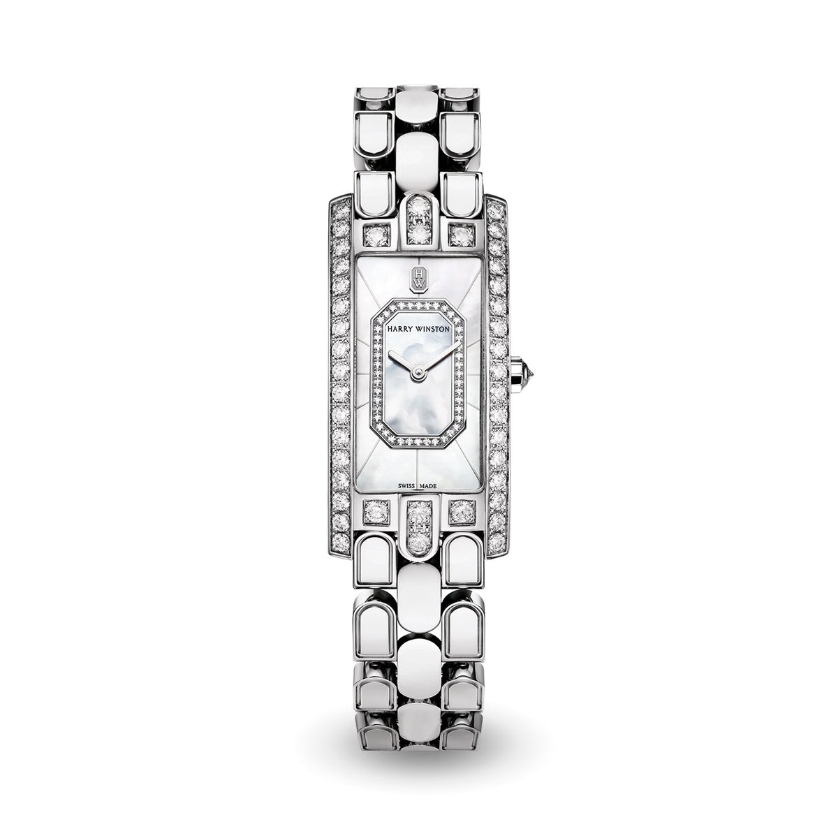 Harry Winston watch with an elongated rectangular silver tone case, white dial, diamond-set bezel and polished link bracelet.