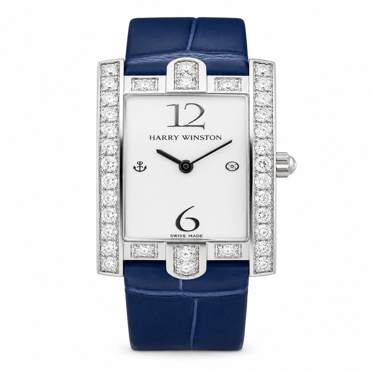 Harry Winston watch with a rectangular silver tone case, white dial, diamond-set bezel, black hands and blue leather strap.