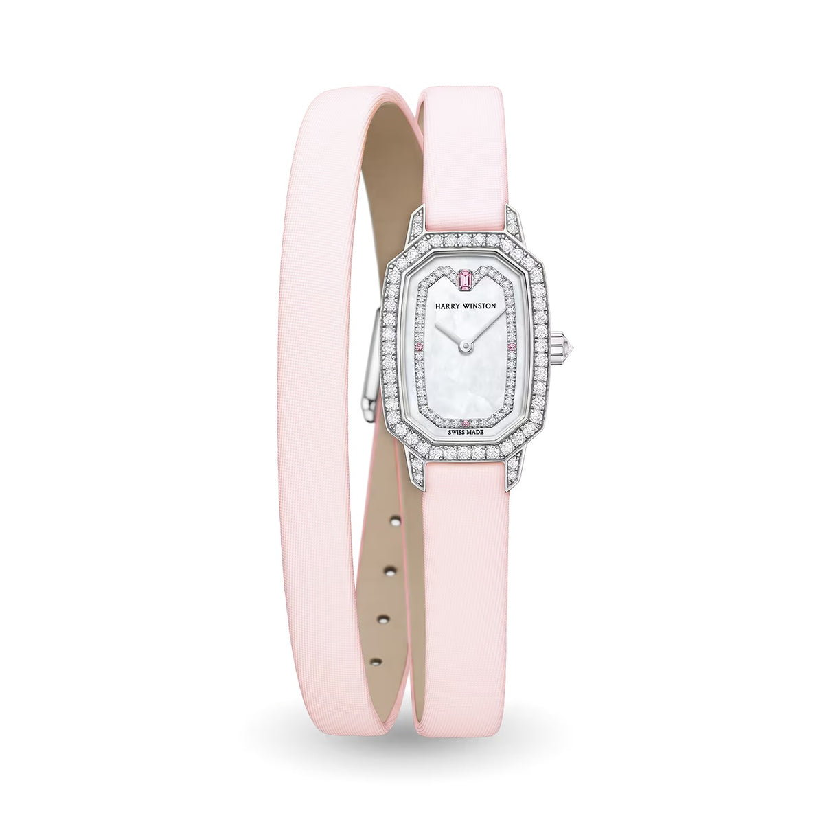 Harry Winston watch with a pearlescent white dial, diamond-set rectangular bezel, silver tone case and pale pink double-wrap strap.