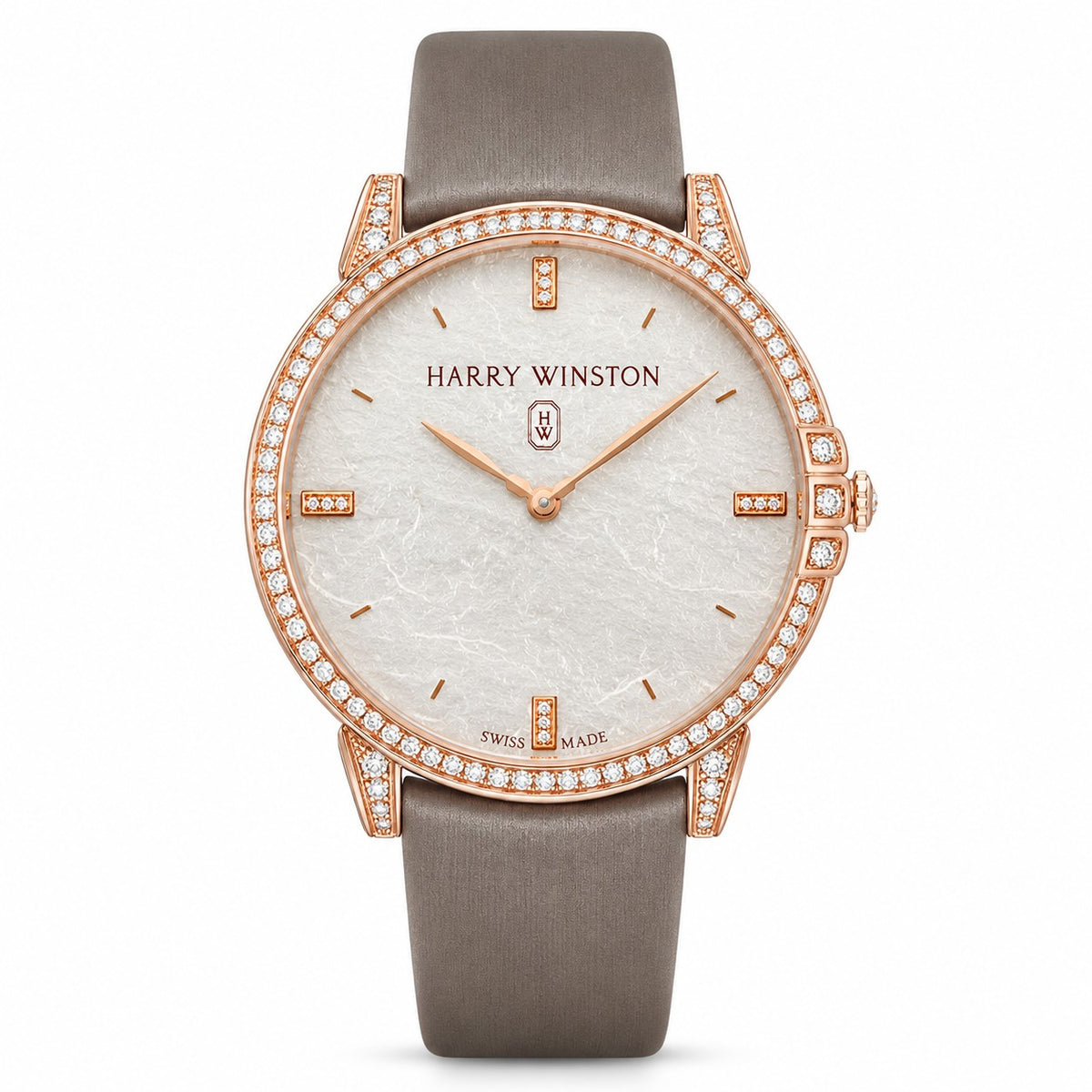 Harry Winston watch with a pearlescent white dial, diamond hour markers, diamond-set rose gold tone bezel and lugs, and taupe satin strap.
