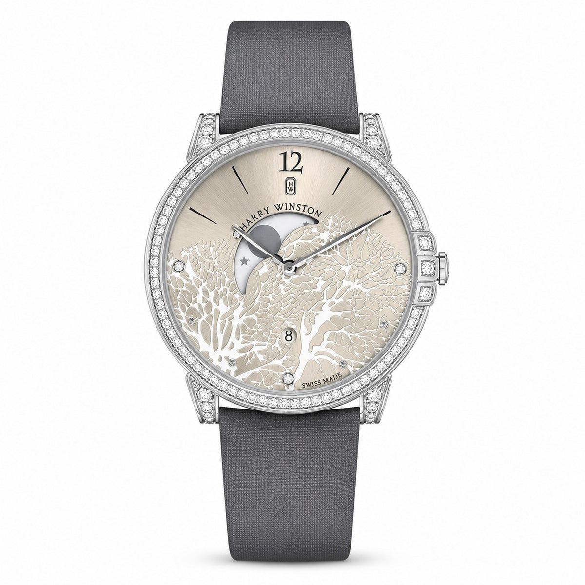 Harry Winston watch with a champagne dial, white tree motif, moon phase display, diamond-set silver tone bezel and lugs, and grey satin strap.