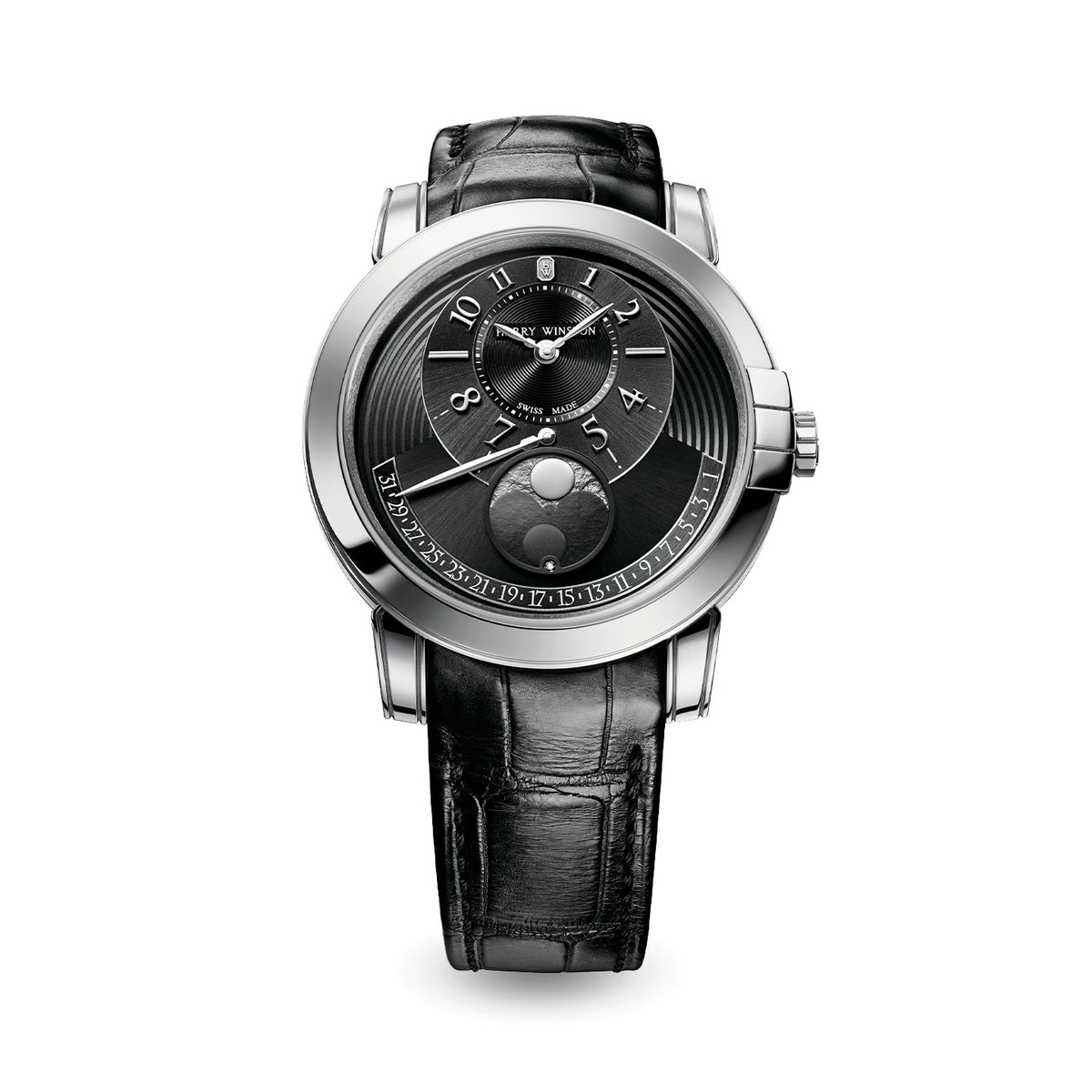 Harry Winston Ocean Moon Phase 42mm watch in white gold with a black guilloché dial, Arabic numerals, moon phase display, date indicator, and black alligator leather strap.