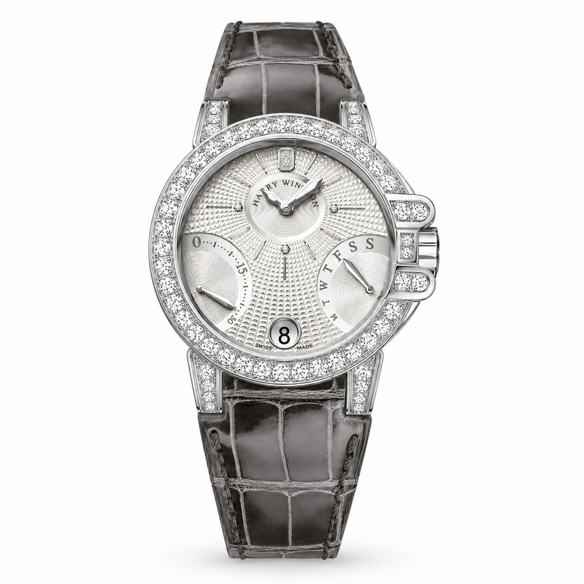 Harry Winston Ocean Biretrograde 36mm watch in 18K rose gold with a diamond-paved bezel, silver guilloché dial, retrograde seconds and days, date window, and grey alligator leather strap.