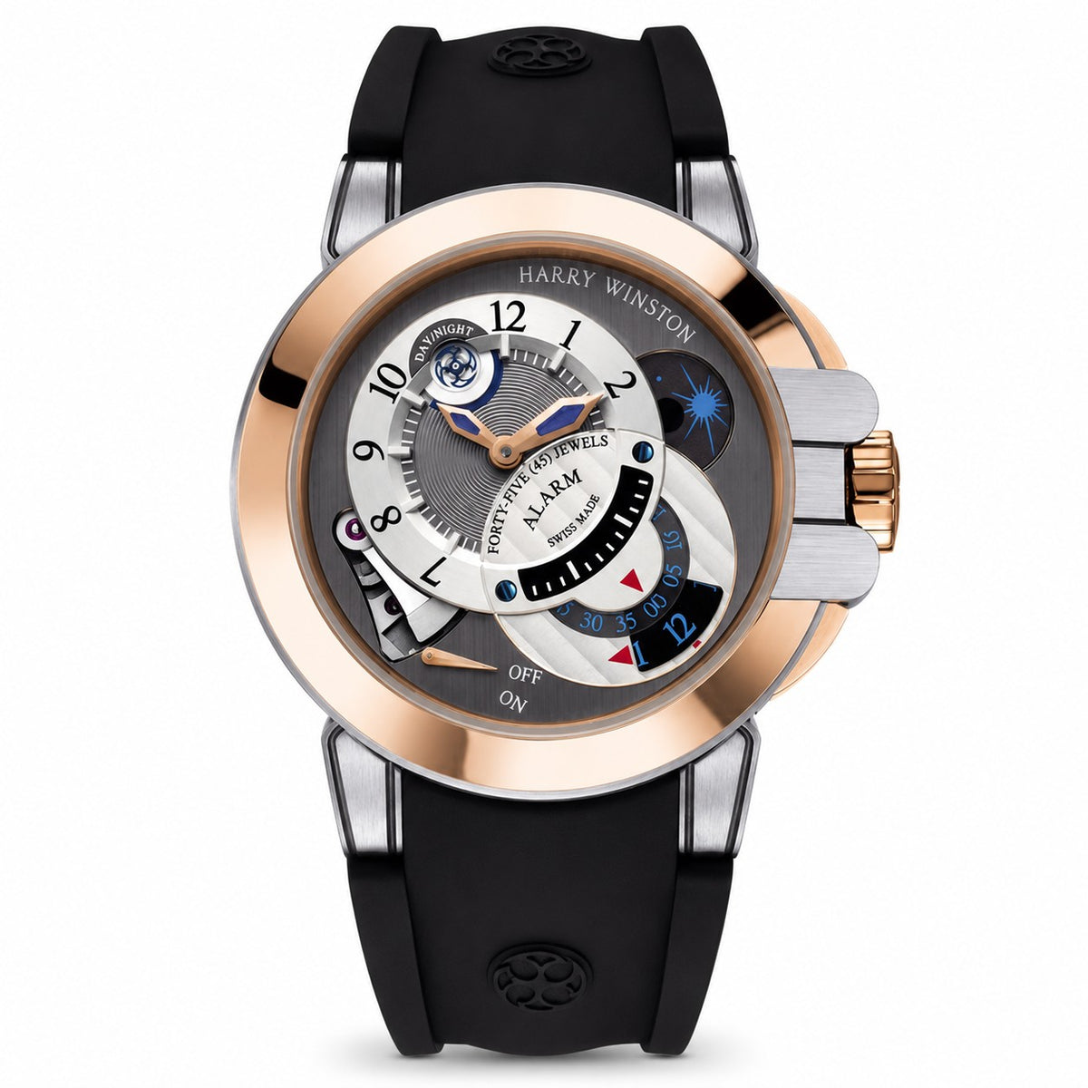 Harry Winston watch with a silver and grey dial, off-centre time display, blue accents, rose gold tone bezel and black rubber strap.