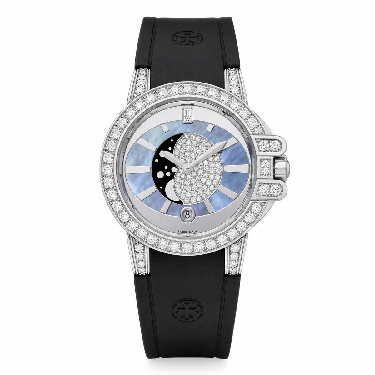 Harry Winston Ocean Moon Phase 36mm watch in white gold with a diamond-set bezel and lugs, blue mother-of-pearl dial, diamond-paved moon phase display, date window, and black rubber strap.