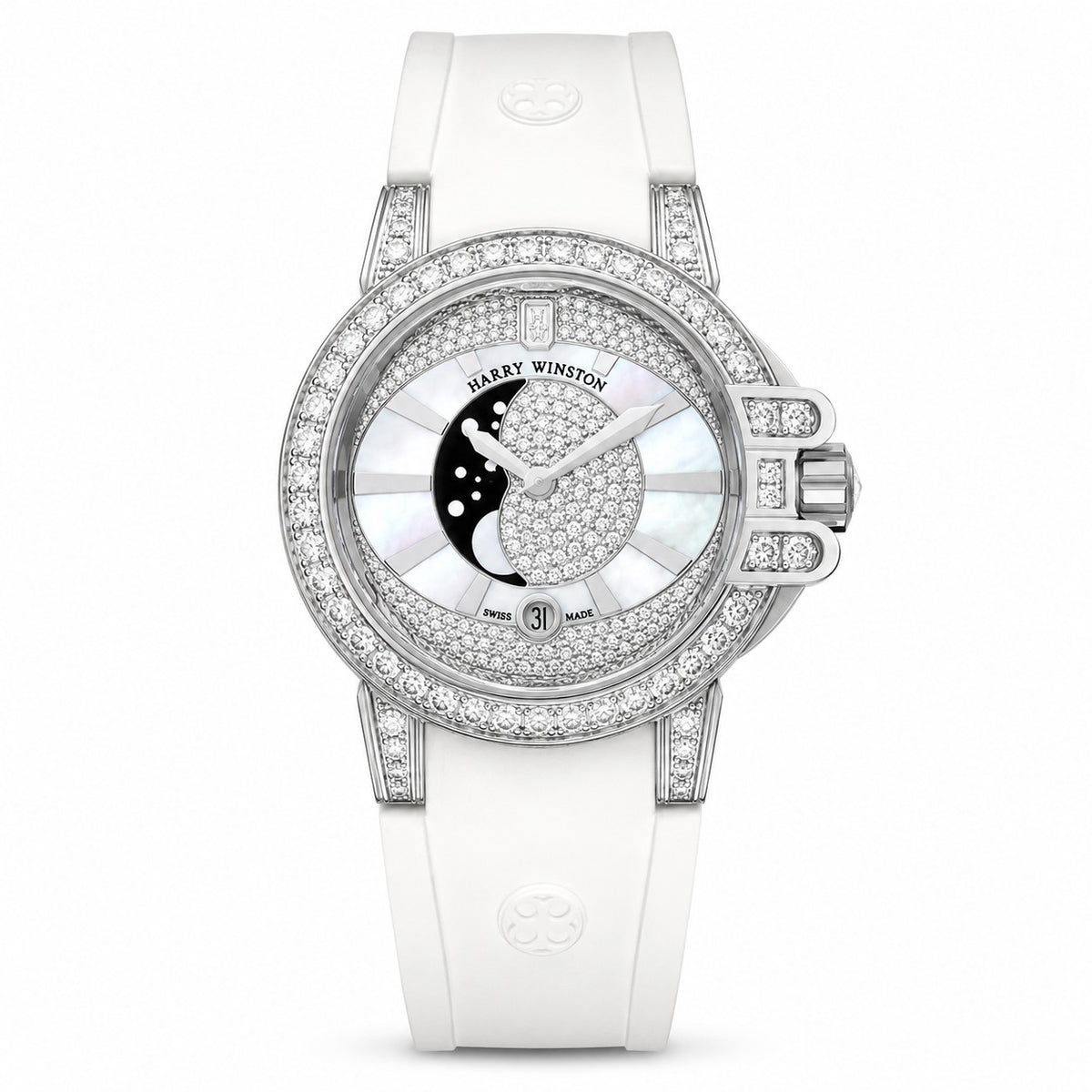 Harry Winston Ocean Moon Phase 36mm watch in white gold with a diamond-paved bezel and lugs, mother-of-pearl dial, diamond-set moon phase display, date window, and white rubber strap.
