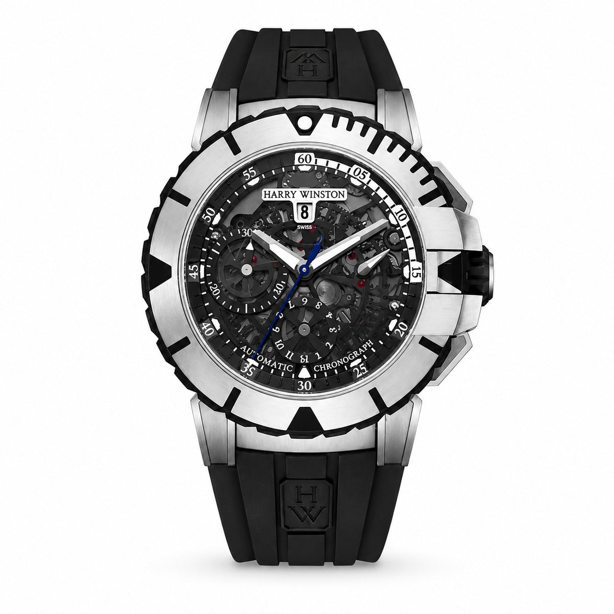 Harry Winston chronograph watch with a black skeleton dial, three subdials, blue seconds hand, date window, silver tone bezel with black accents and black rubber strap.