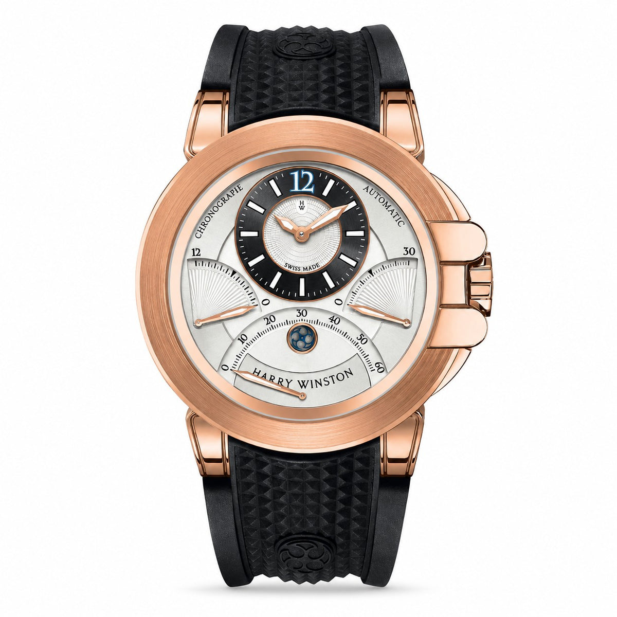 Harry Winston watch with a silver and black dial, off-centre time display, three curved scales, rose gold tone case and textured black rubber strap.