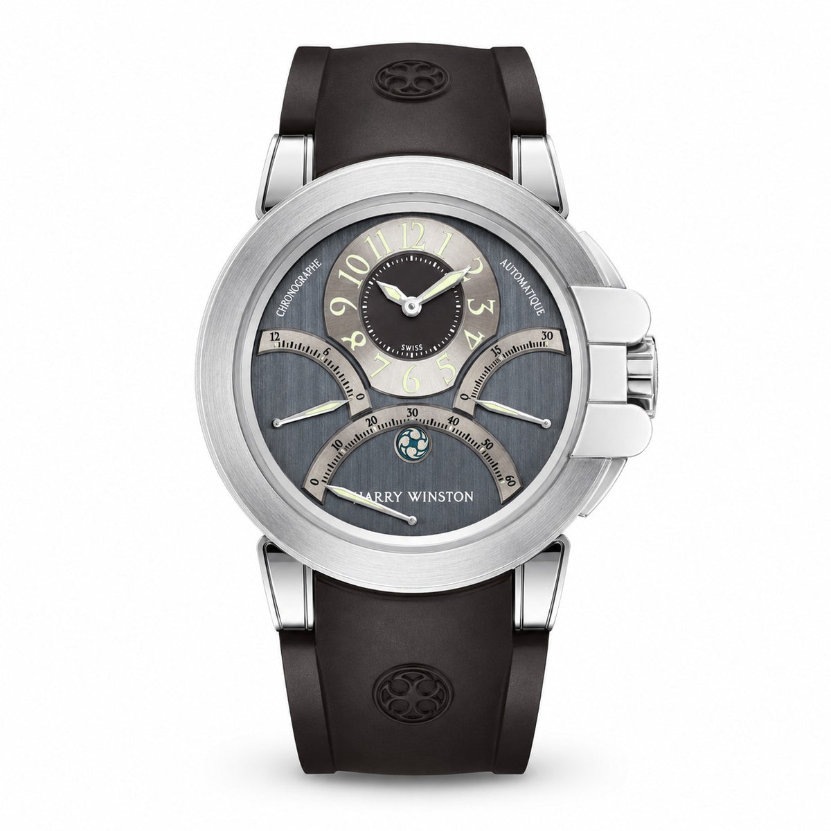 Harry Winston watch with a grey dial, off-centre time display, three curved scales, silver tone case and black rubber strap.