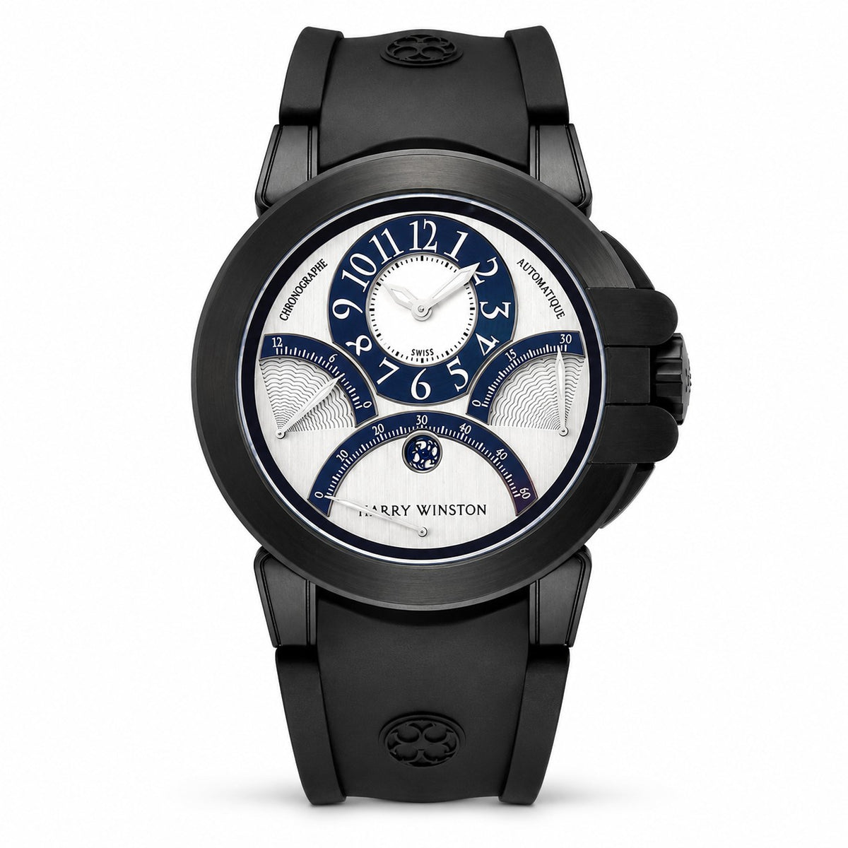 Harry Winston watch with a blue and silver dial, off-centre time display, black case and black rubber strap.