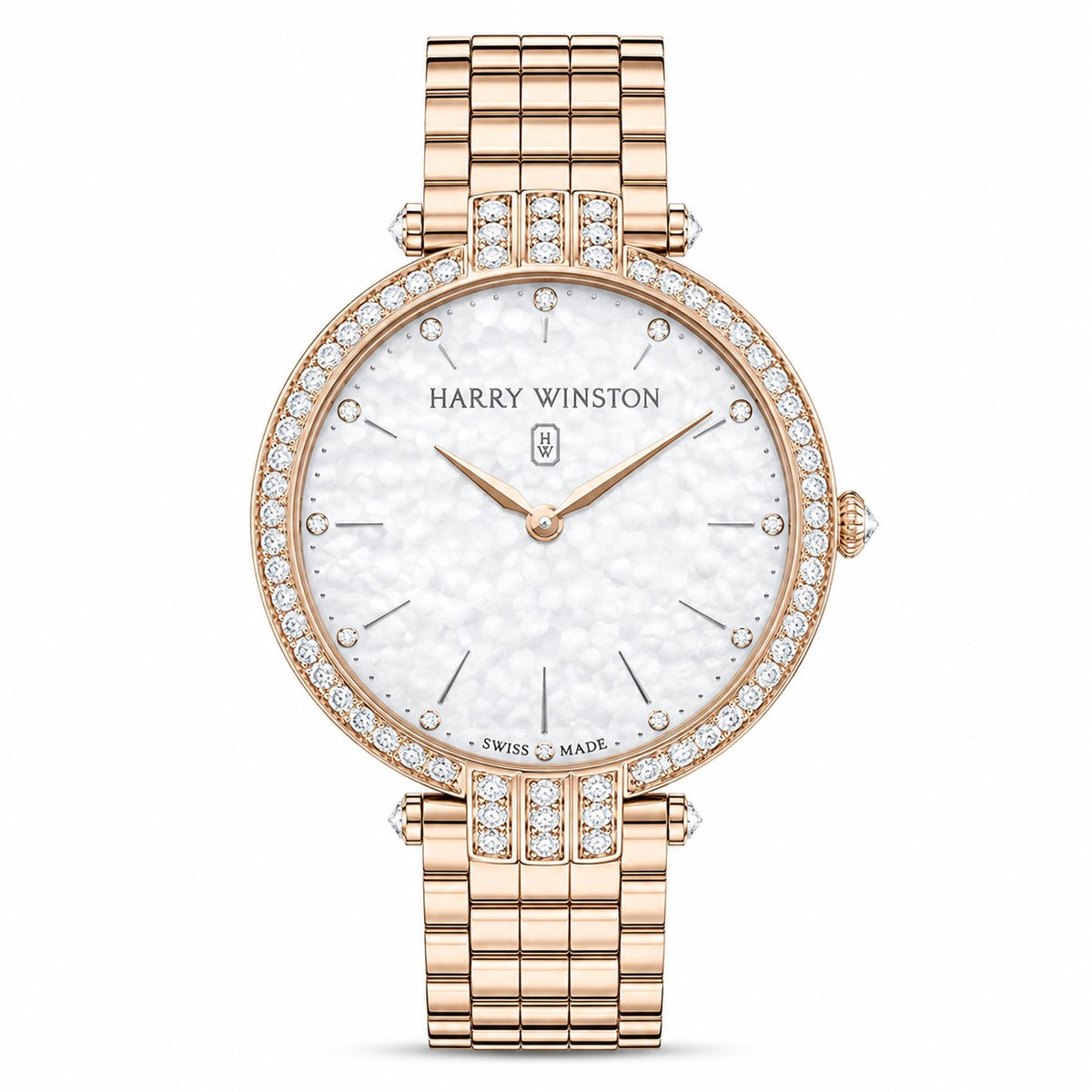 Harry Winston watch with a pearlescent white dial, diamond hour markers, diamond-set rose gold tone bezel and lugs, and matching link bracelet.