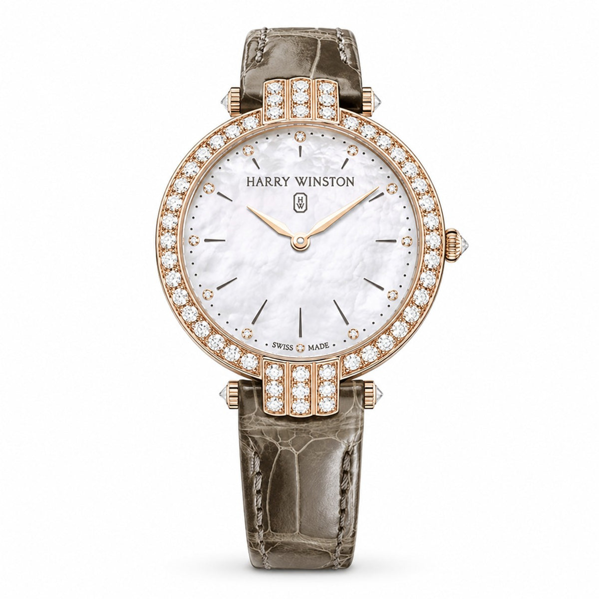 Harry Winston watch with a pearlescent white dial, diamond hour markers, diamond-set rose gold tone bezel and lugs, and taupe leather strap.