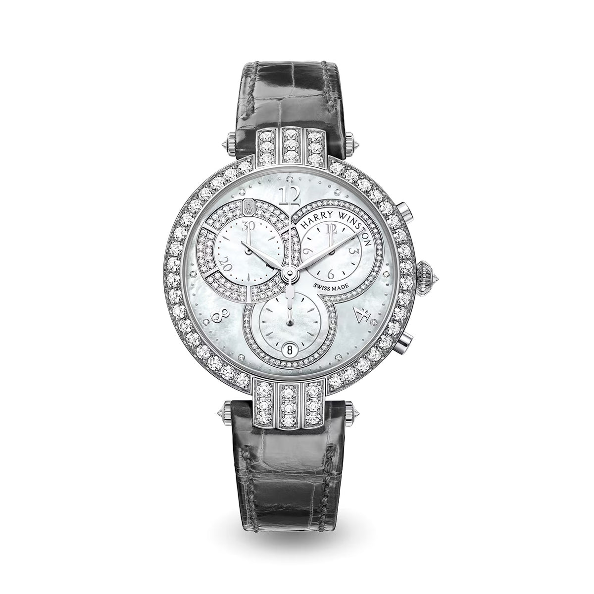 Harry Winston Premier Chronograph 36mm watch in white gold with a diamond-set bezel and lugs, mother-of-pearl dial, three chronograph subdials, date window, and black alligator leather strap.