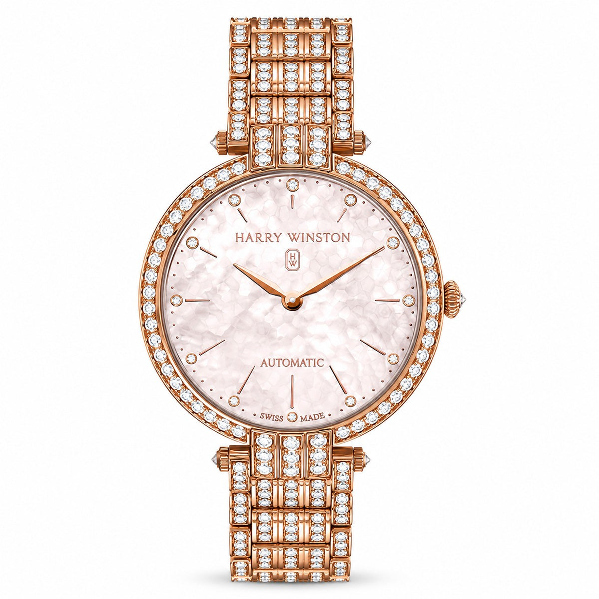 Harry Winston watch with a pearlescent white dial, diamond hour markers, rose gold tone hands, diamond-set bezel and matching diamond-set bracelet.