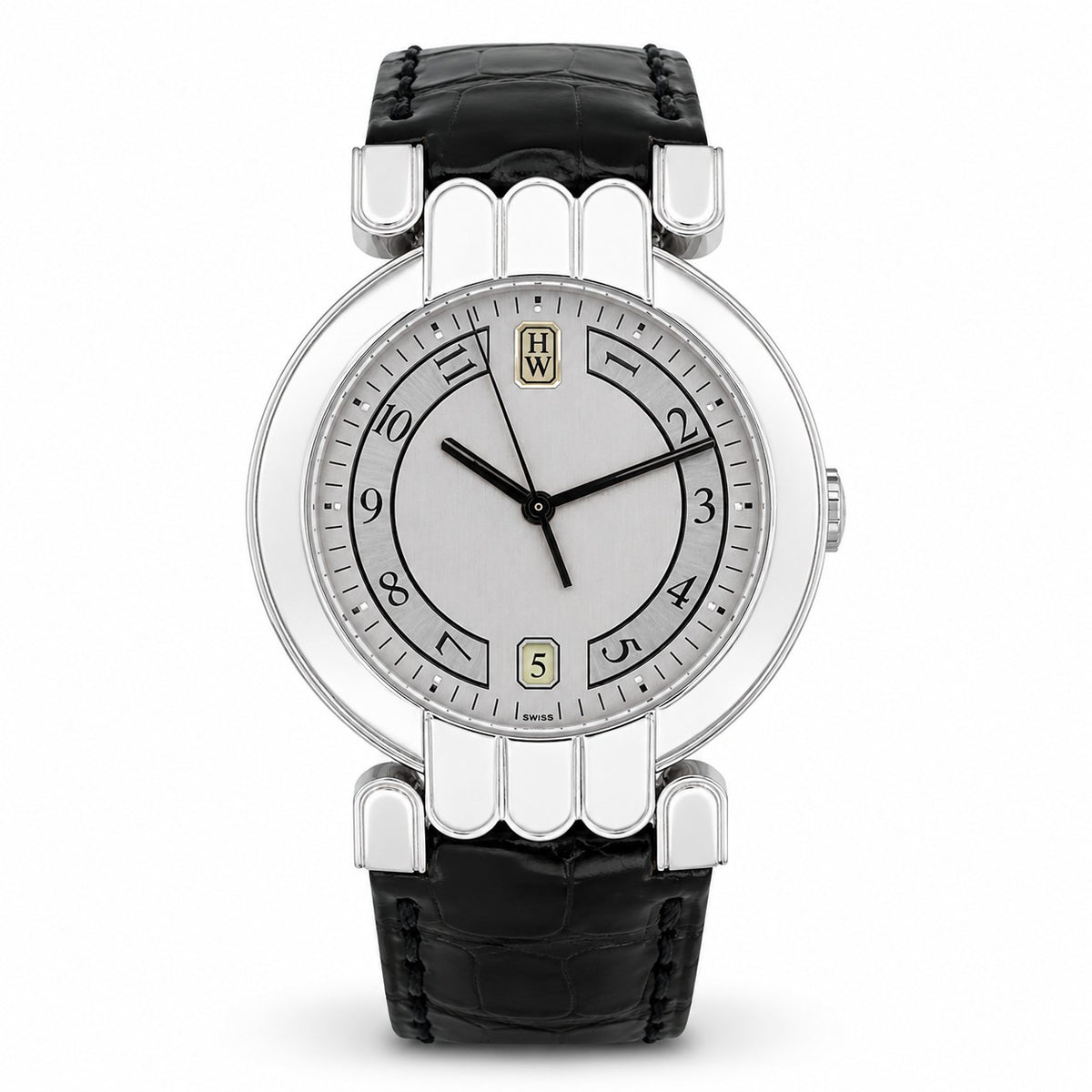 Harry Winston watch with a silver dial, stylized Arabic numerals, date window, silver tone case and black leather strap.