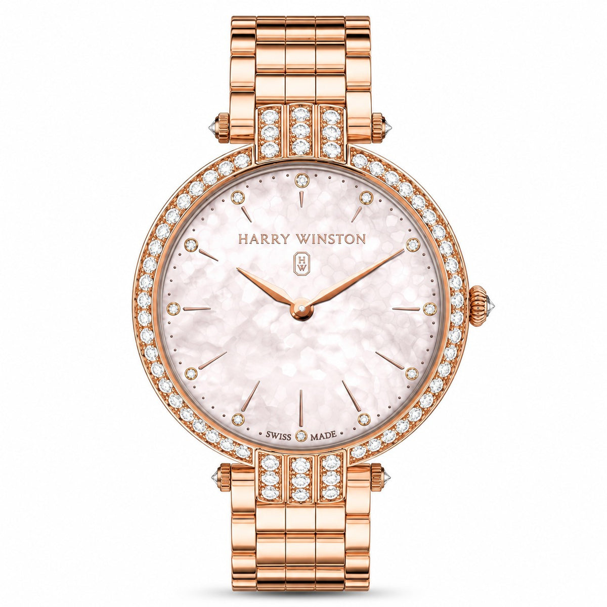Harry Winston watch with a pearlescent white dial, diamond hour markers, diamond-set rose gold tone bezel and matching link bracelet with diamond accents.