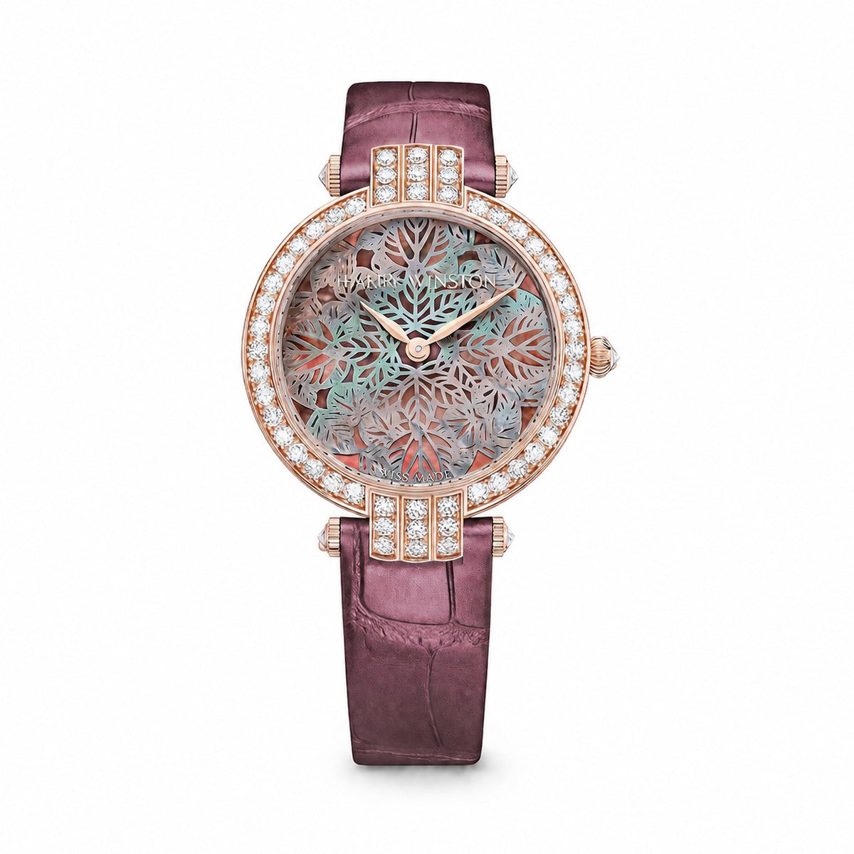 Harry Winston watch with an intricate pastel leaf-patterned dial, diamond-set bezel and lugs, rose gold tone case and burgundy leather strap.