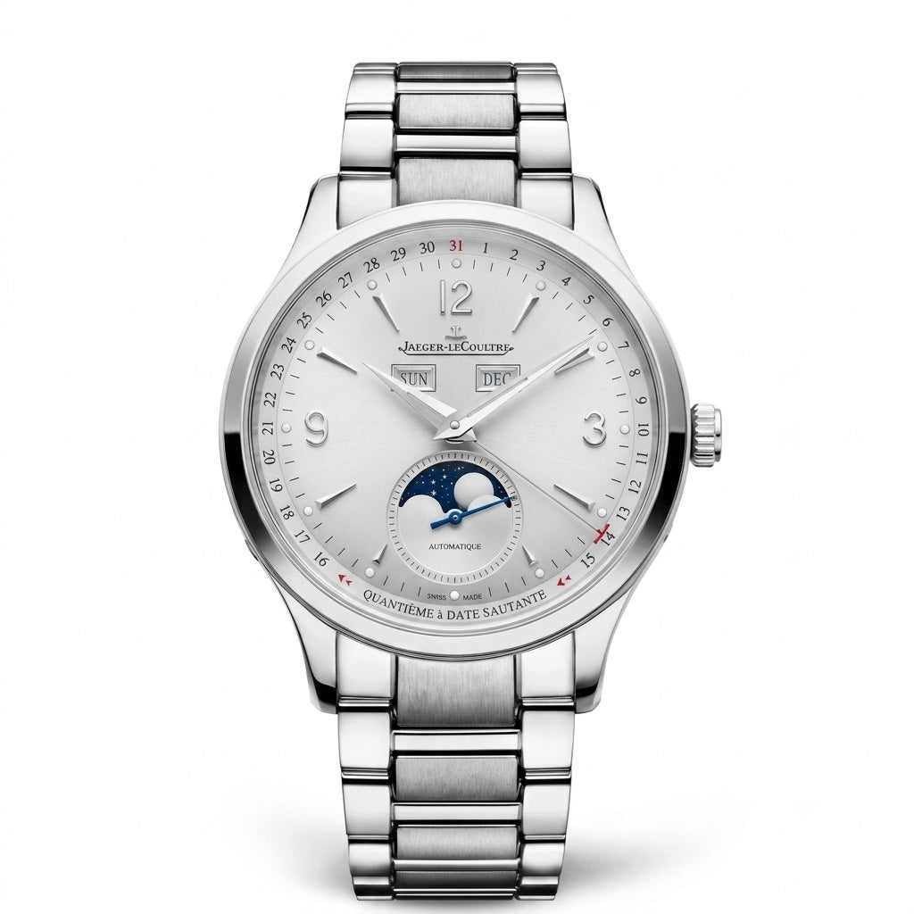 Jaeger-LeCoultre watch with a silver-tone case and bracelet, silver dial, day and month windows, and moon phase display.