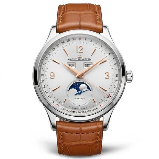 Jaeger-LeCoultre watch with a silver dial, day and month windows, moon phase display, silver-tone case, and tan leather strap.
