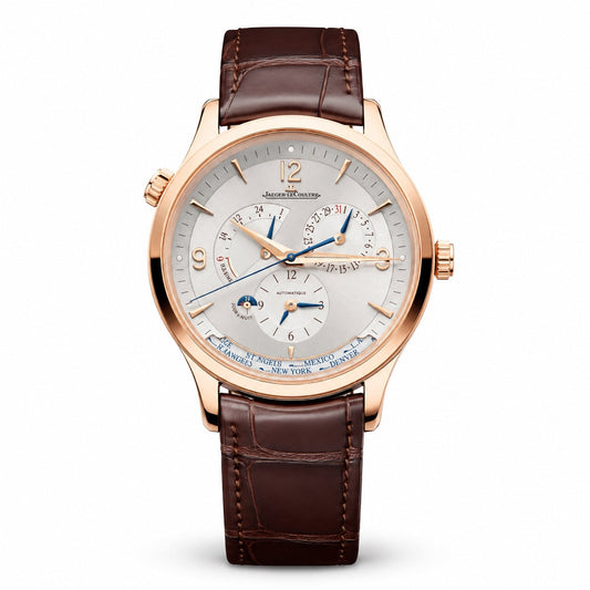 Jaeger-LeCoultre watch with a silver dial, blue hands, multiple subdials and world city names, rose gold-tone case, and brown leather strap.