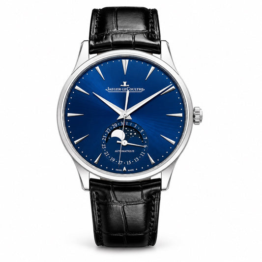Jaeger-LeCoultre watch with a blue dial, moon phase display at 6 o’clock, silver-tone case, and black leather strap.