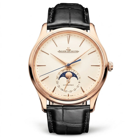 Jaeger-LeCoultre wristwatch with a rose gold-tone round case, cream dial, moon phase display, and black leather strap.
