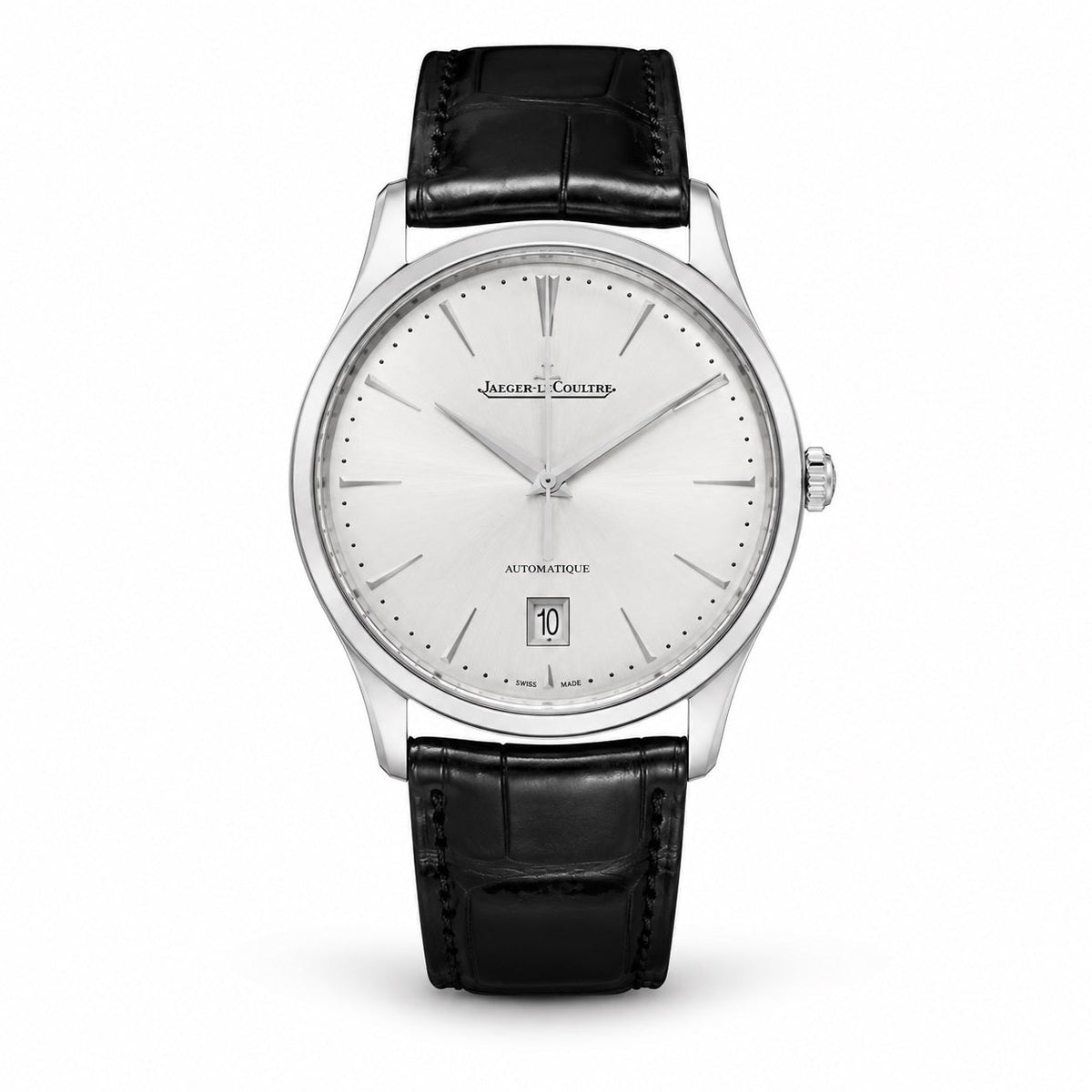 Jaeger-LeCoultre watch with a silver dial, slim hour markers, date display at 6 o’clock, silver-tone case, and black leather strap.