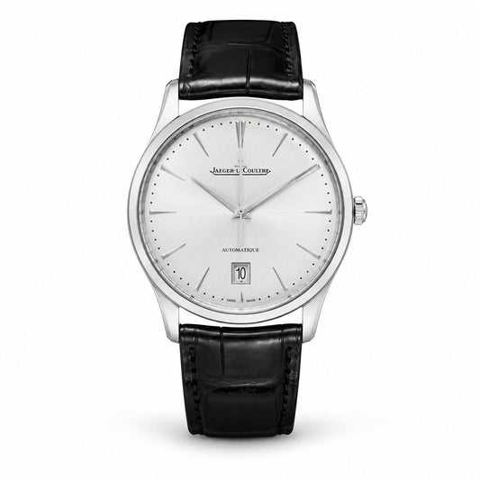 Jaeger-LeCoultre watch with a silver dial, slim hour markers, date display at 6 o’clock, silver-tone case, and black leather strap.