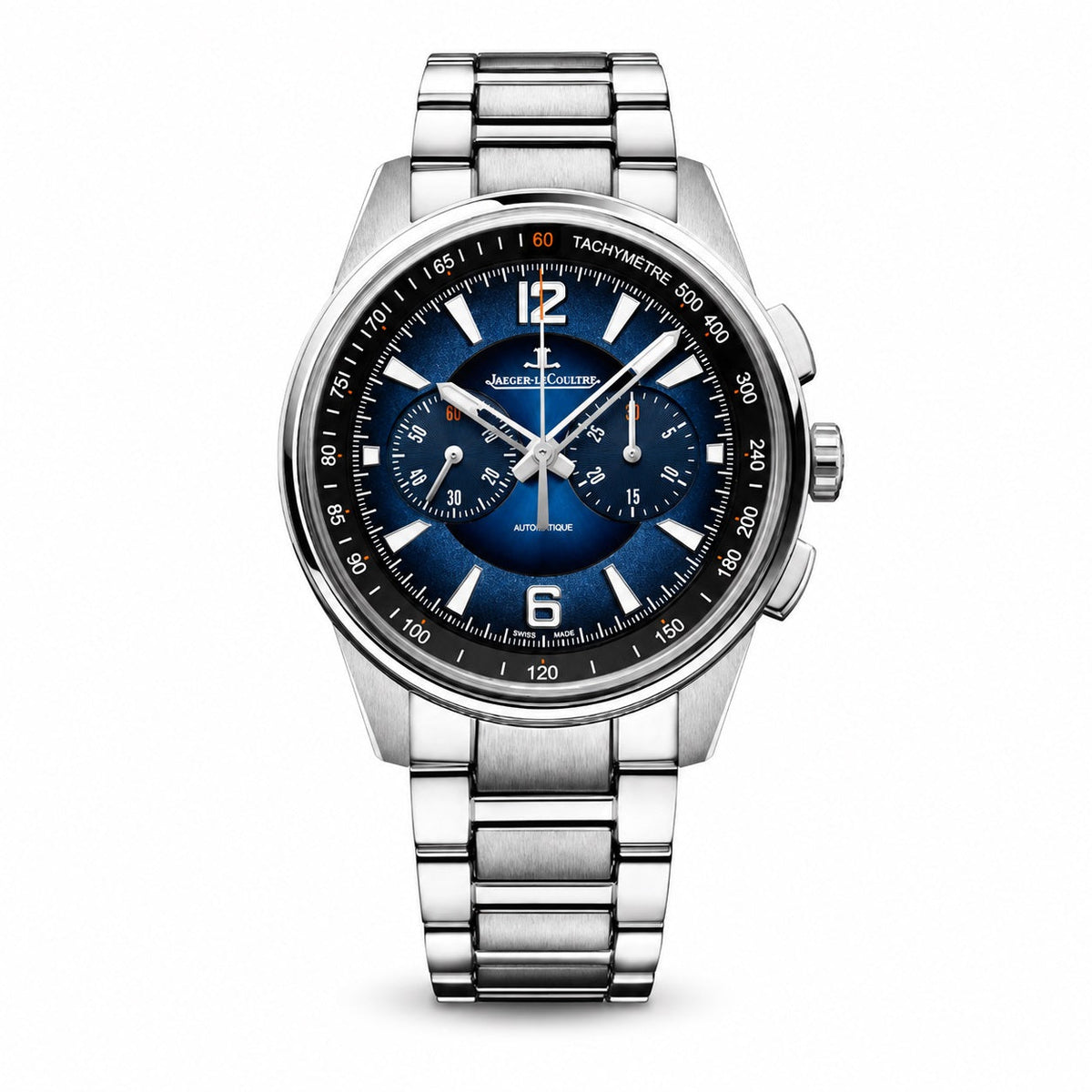 Jaeger-LeCoultre chronograph watch with a blue dial, two subdials, black tachymeter scale, silver-tone case, and metal bracelet.