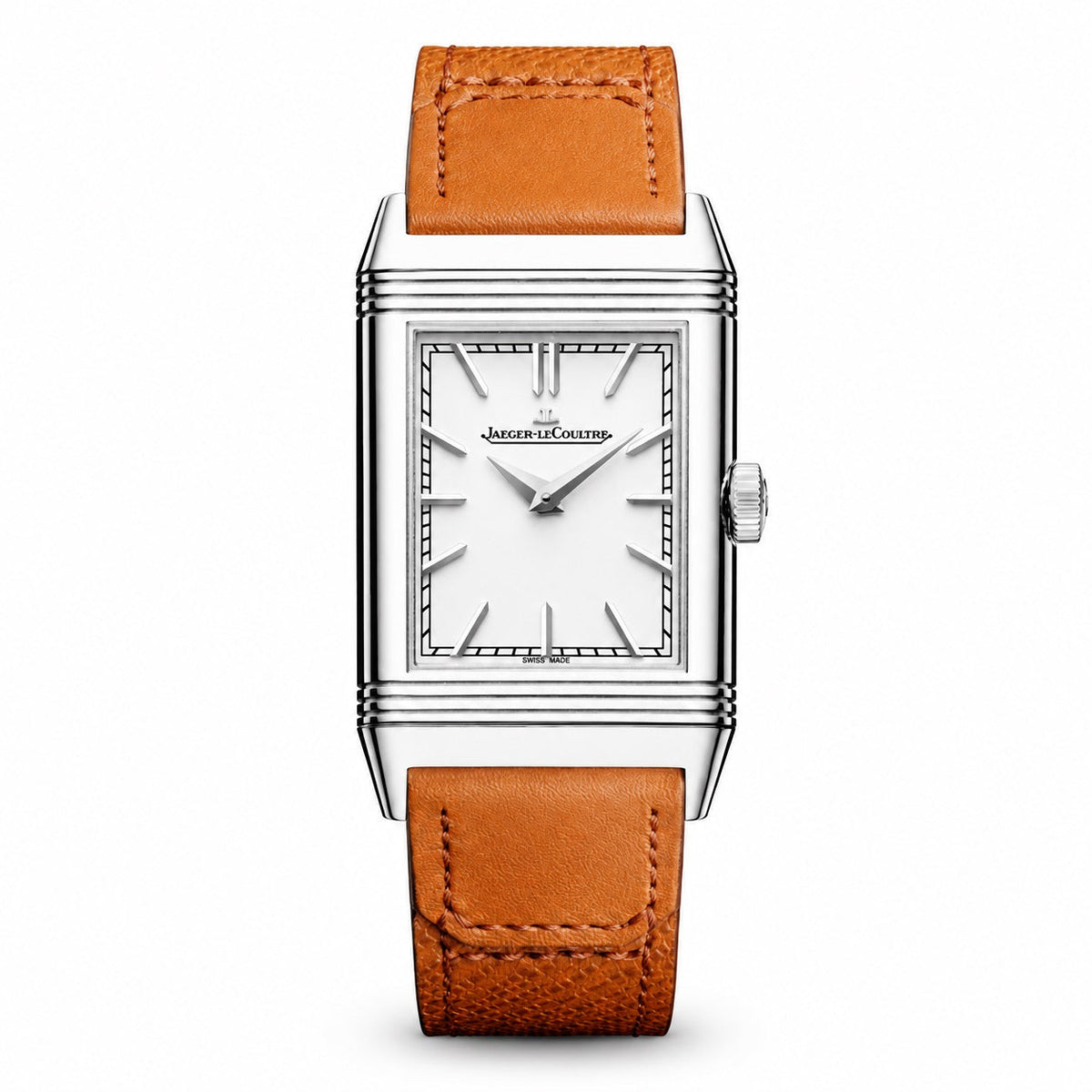 Jaeger-LeCoultre Reverso watch with a rectangular silver-tone case, white dial with slim hour markers, and tan leather strap.