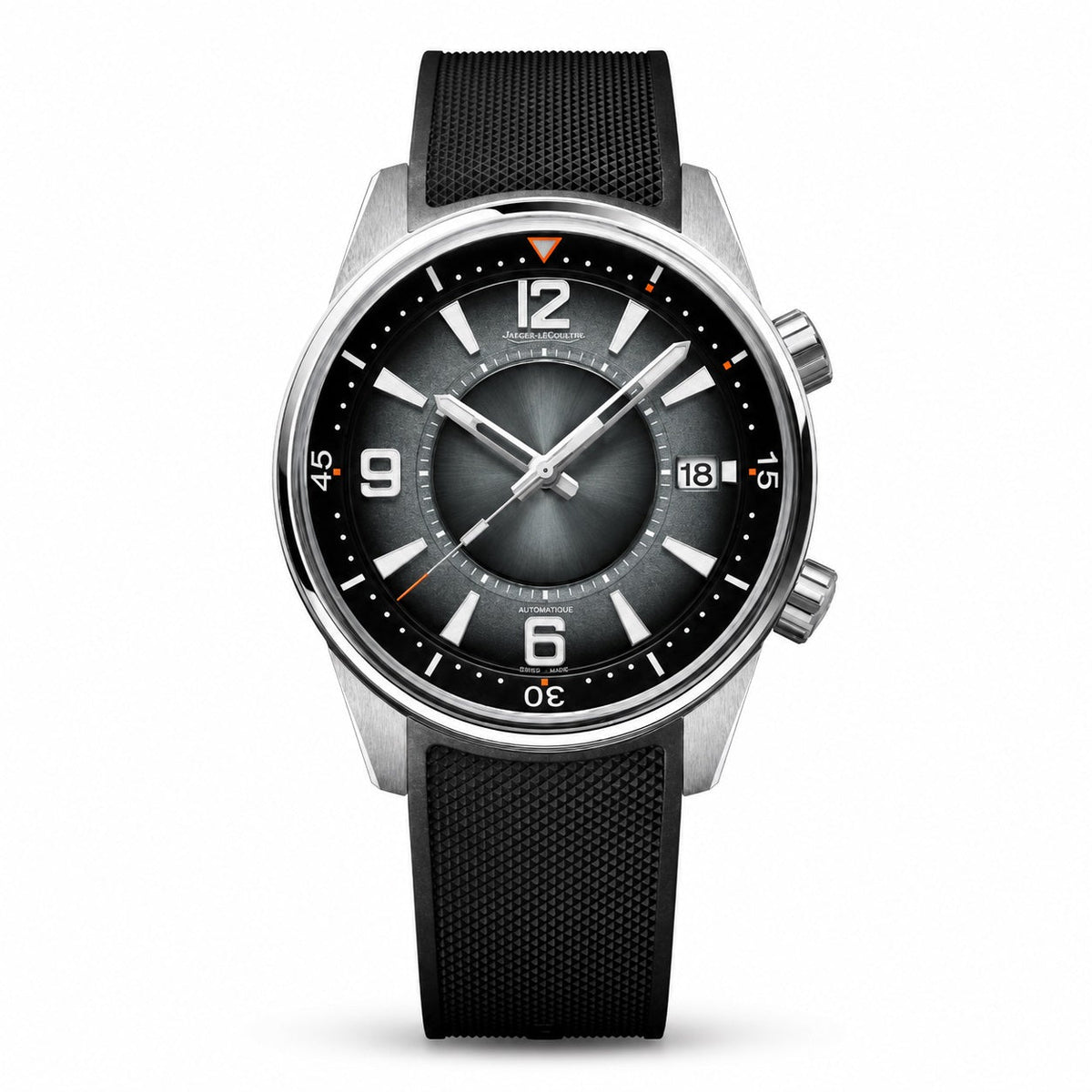 Jaeger-LeCoultre watch with a black dial, date window at 3 o’clock, silver-tone case, and textured black strap.