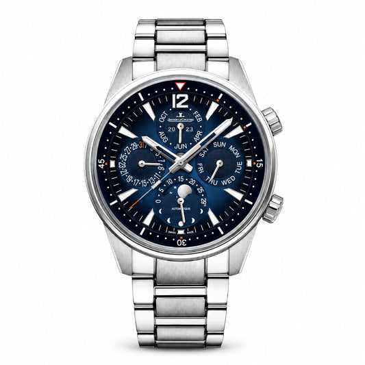 Jaeger-LeCoultre watch with a dark blue dial, multiple calendar displays, moon phase indicator, silver-tone case, and metal bracelet.