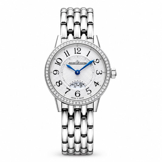 Jaeger-LeCoultre watch with a silver dial, black Arabic numerals, blue hands, stone-set bezel, and silver-tone bracelet.