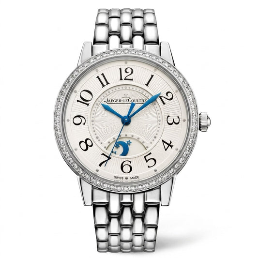 Jaeger-LeCoultre watch with a silver dial, black Arabic numerals, blue hands, moon phase display, stone-set bezel, and silver-tone bracelet.
