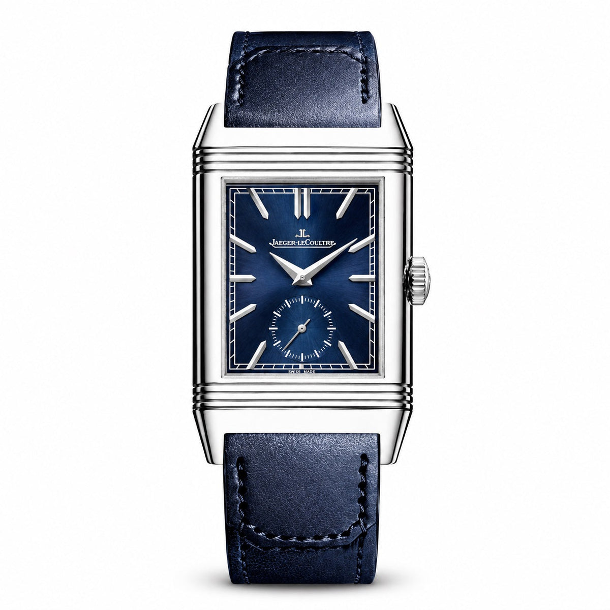 Jaeger-LeCoultre Reverso watch with a rectangular silver-tone case, blue dial, small seconds display, and blue leather strap.