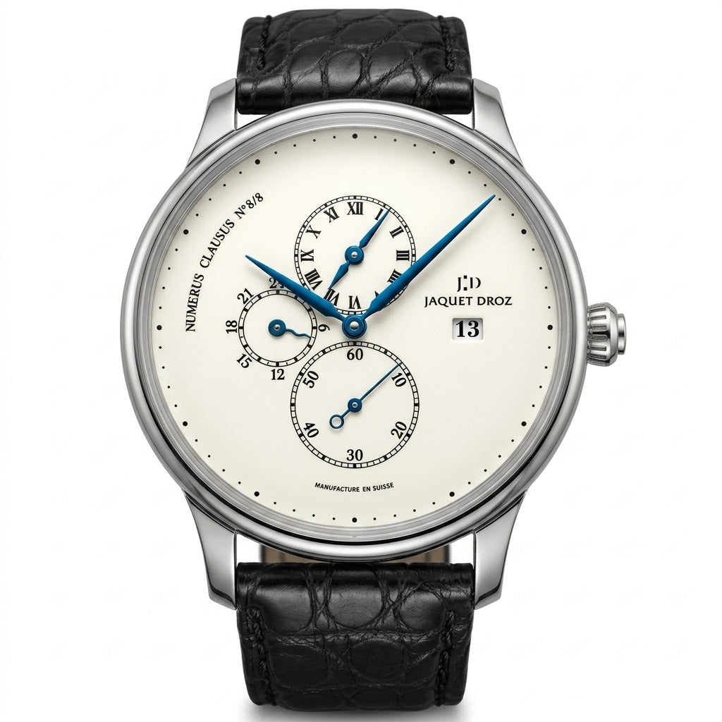 Jaquet Droz watch with a silver-tone case, ivory dial, blue hands, off-center Roman numeral time display, three subdials, date window, and black textured leather strap.