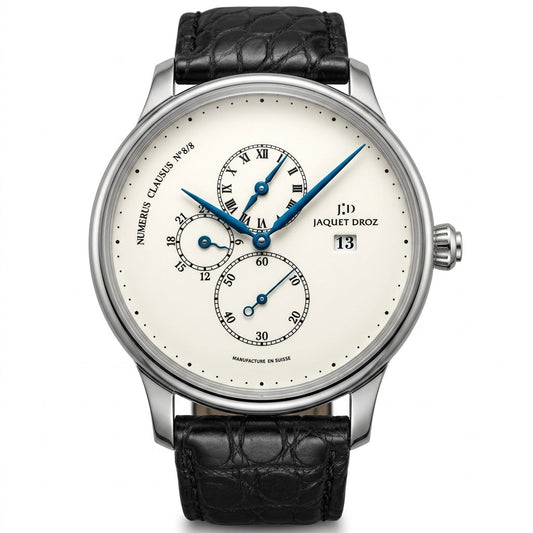 Jaquet Droz watch with a silver-tone case, ivory dial, blue hands, off-center Roman numeral time display, three subdials, date window, and black textured leather strap.