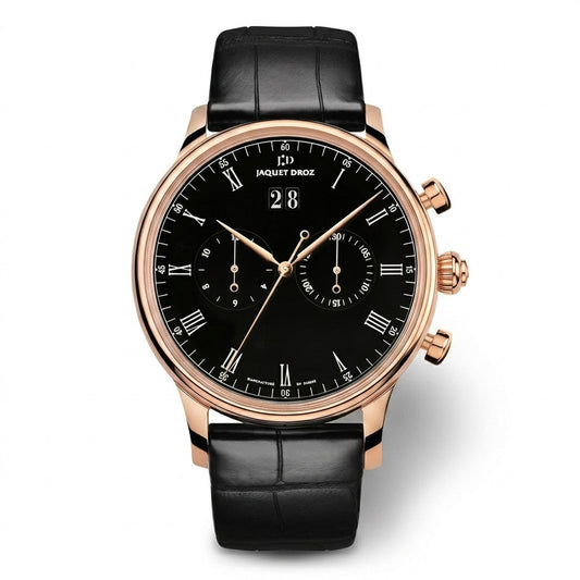 Jaquet Droz chronograph watch with a rose gold case, black dial, Roman numerals, two subdials, large date display, and black leather strap.