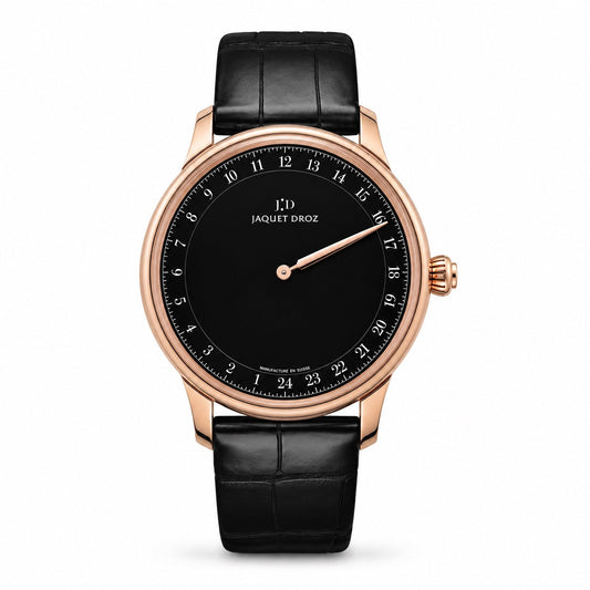 Jaquet Droz watch with a rose gold case, black dial, single hand, date markings around the edge, and a black leather strap.