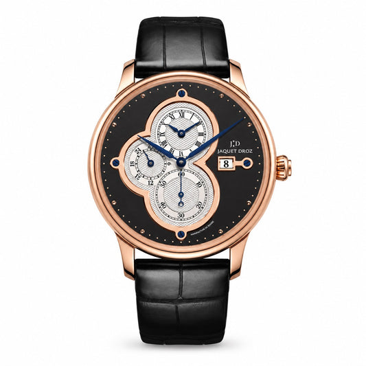 Jaquet Droz watch with a black dial, three overlapping silver subdials, blue hands, date window, rose gold-tone case, and black leather strap.
