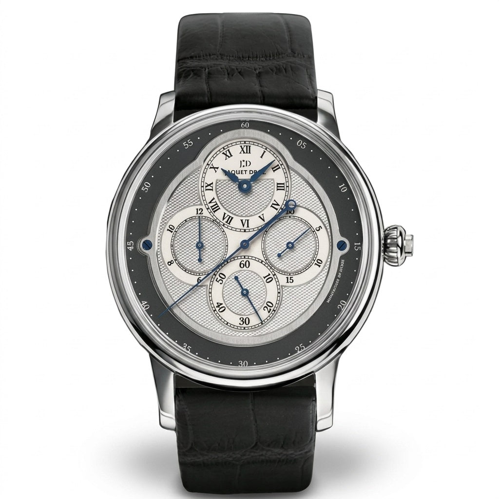 Jaquet Droz watch with a silver-tone case, layered grey and silver dial, blue hands, Roman numeral time display, three subdials, and black leather strap.