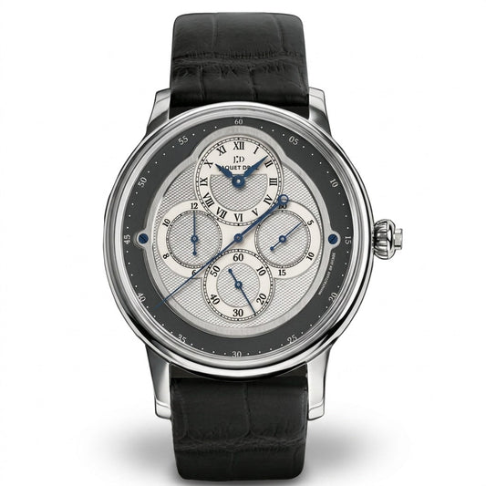 Jaquet Droz watch with a silver-tone case, layered grey and silver dial, blue hands, Roman numeral time display, three subdials, and black leather strap.