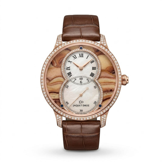 Jaquet Droz watch with two white subdials, a brown patterned dial, stone-set rose gold-tone case, and brown leather strap.