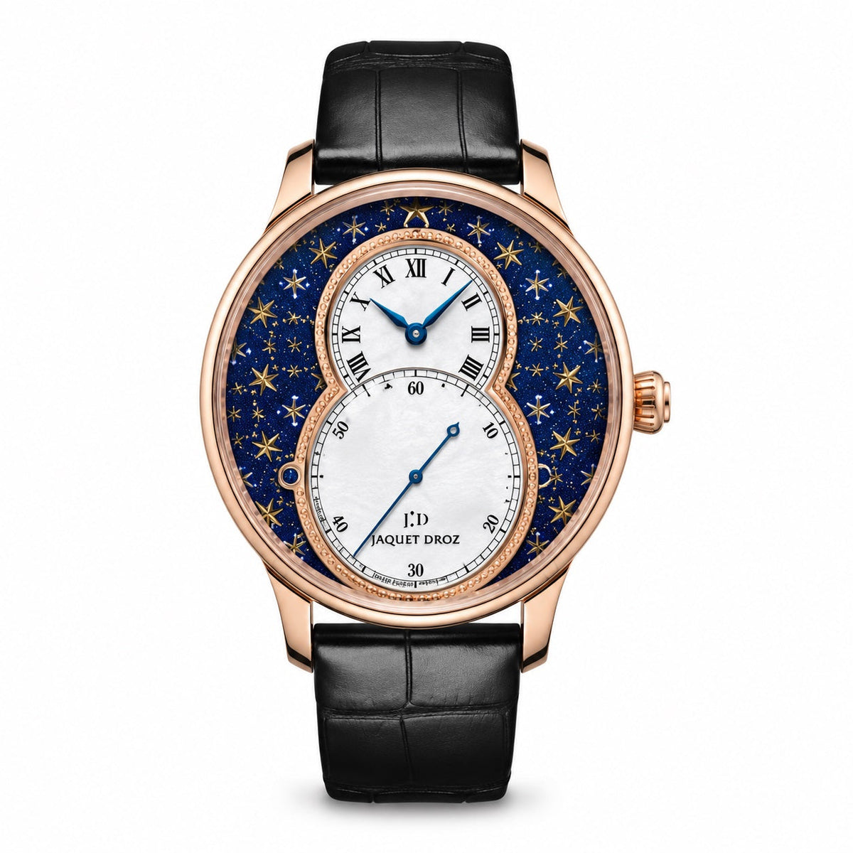 Jaquet Droz watch with a rose gold-tone case, blue star-patterned dial, white figure-eight time and seconds displays, blue hands, and black leather strap.