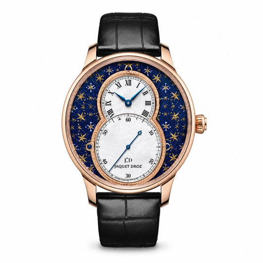 Jaquet Droz watch with a rose gold-tone case, blue star-patterned dial, white figure-eight time and seconds displays, blue hands, and black leather strap.