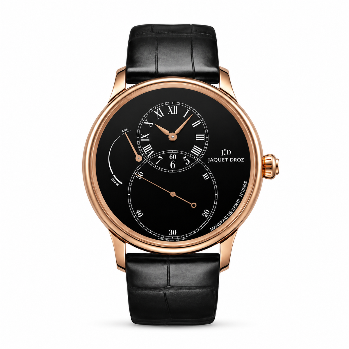 A Jaquet Droz watch with a round rose gold case, black dial with Roman numerals, and a black alligator leather strap.