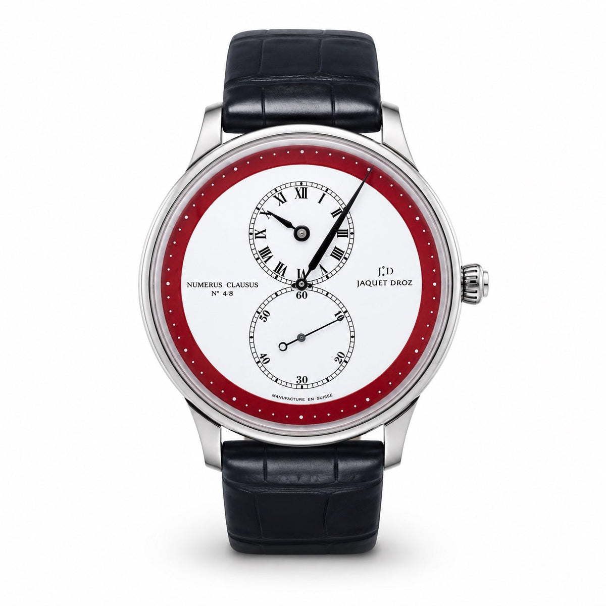 Jaquet Droz watch with a silver-tone case, white dial, red outer ring, off-center Roman numeral time display, small seconds subdial, and black leather strap.