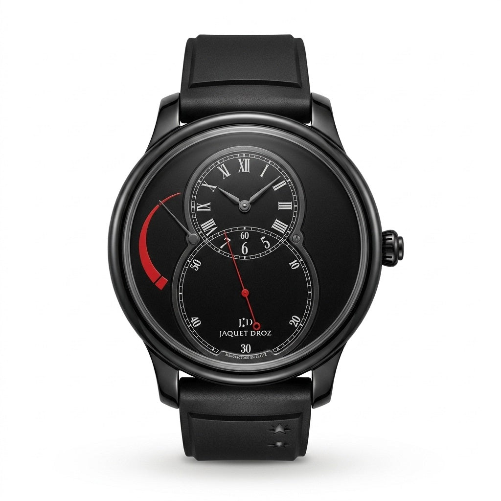 Jaquet Droz watch with a black case, black strap, figure-eight dial, Roman numeral time display, and red accent.