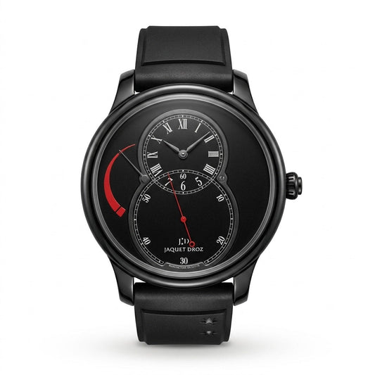 Jaquet Droz watch with a black case, black strap, figure-eight dial, Roman numeral time display, and red accent.